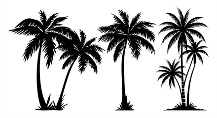 Set of black palm tree silhouettes isolated on white background. Tropical coconut trees in various shapes and sizes, perfect for summer travel, beach themes, and exotic designs. © hadi