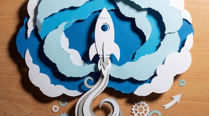 A paper rocket blasting off into space, symbolizing ambition and innovation. The layered paper design creates a unique and artistic visual, with a sense of movement and progress
