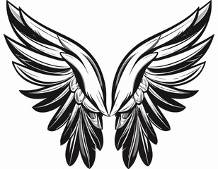 A set of black simpel angel wing tattoo designs featuring bird and eagle feathers alongside an angel heart silhouette in a grunge vector illustration style for a heraldic flying emblem