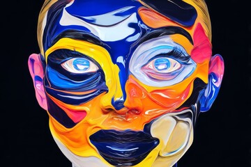 A woman stands facing forward with her face covered in bright colors and bold patterns, creating a striking visual effect in the scene