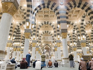 The beauty of the architecture and interior of the Nabawi mosque in Medina, Saudi Arabia
