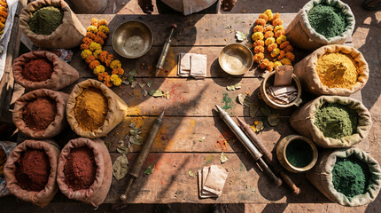 Top view of rustic wooden table filled with sacks of organic Holi powder for festival preparation