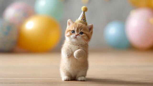 Cute ginger kitten wearing a festive party hat standing on its hind legs with colorful balloons in the background, celebrating its birthday with a charming and playful expression