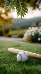 Baseball Ball and Bat on Green Grass with Overhanging Tree Leaves