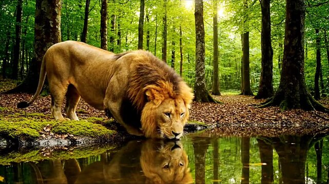 A lion drinking water lake in the jungle 