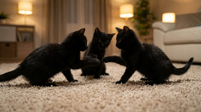 Trois adorables chatons noirs mignons jouent ensemble sur un tapis cosy pr&egrave;s de rideaux &eacute;clair&eacute;s par une lampe chaleureuse.

