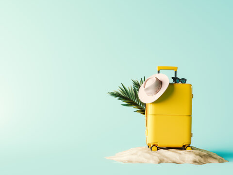 Yellow travel bag with summer accessory on sand beach. Summer travel concept design on blue background with copy space. 3D Rendering, 3D Illustration