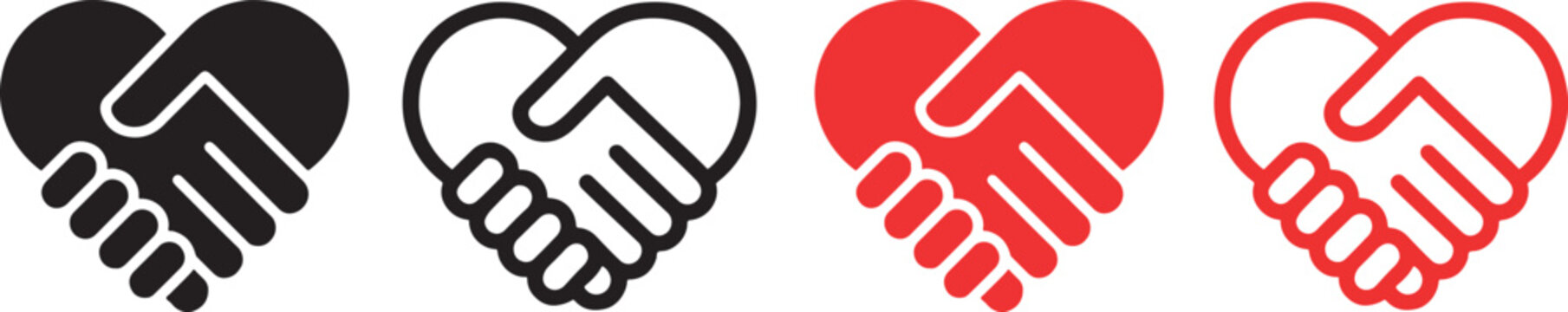 Abstract red and black handshake heart silhouette icons set symbolizing trust, love, unity.