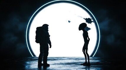 Astronaut encounters mysterious female entity near glowing portal in dark, space environment from a distant viewpoint