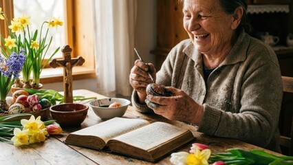 A grandmother painting colorful Easter eggs holiday celebration with decoration, background, egg, easter, spring, family, holiday