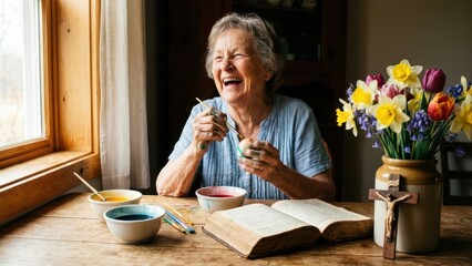 A grandmother painting colorful Easter eggs holiday celebration with decoration, egg, spring, easter, holiday, family, background