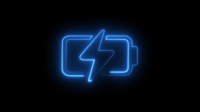 Bright neon electric battery icon power baton icon black background.