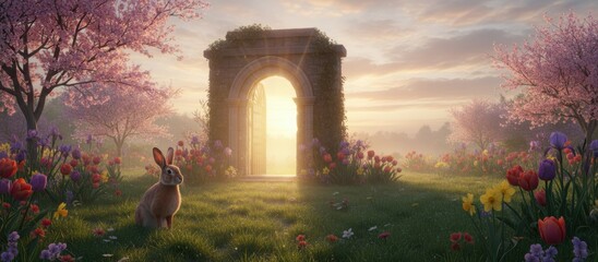 A wide-angle landscape photograph at dawn, holiday celebration with family, decoration, egg, easter, spring, holiday, background