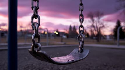  Broken Playground Swing at Dusk: Symbol of Neglect and Lost Fun
