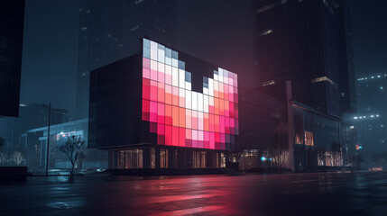 Urban night architectural installation featuring a giant glowing pixelated heart on a modern building façade, symbolizing digital love, community impact, and emotional branding