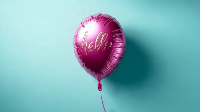 Shiny pink foil balloon with a golden hello inscription floating and gently rotating against a vibrant turquoise wall, creating a cheerful and welcoming party or celebration atmosphere