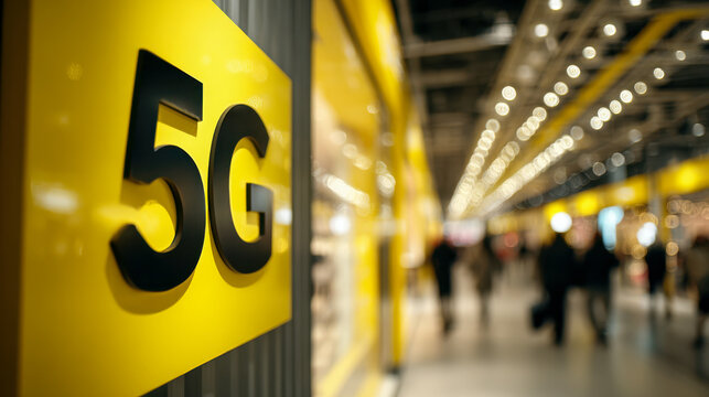 Bold black 5g label on vibrant yellow wall at a modern technology exhibition with blurred crowd and lights in the background creating dynamic atmosphere - Powered by Adobe