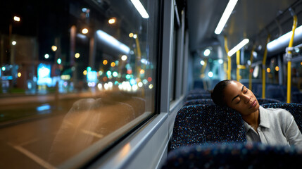 Late Night Bus Passenger Asleep Against Window with City Light Reflections