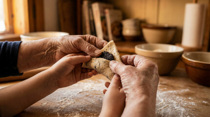 Close up of grandmother and child hands folding traditional poppy seed hamantaschen cookies on rustic wooden table for Purim