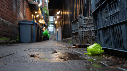 Back Alley Grime: Bright Lettuce Leaf on Oil-Stained Pavement