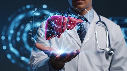 Doctor holding a digital representation of a liver organ in a futuristic medical interface - Powered by Adobe