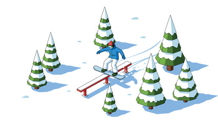 Obraz premium Snowboarder in winter wonderland with evergreen trees and snowy mountains