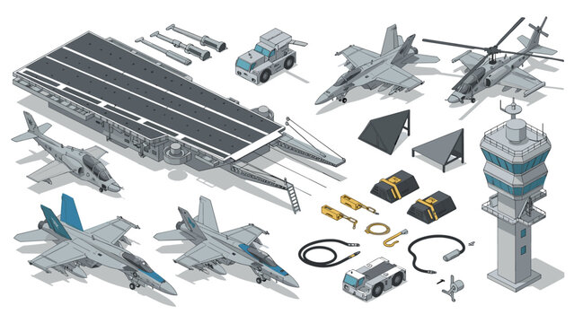Modern isometric military aircraft collection with carrier, jets, and helicopter