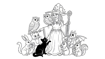 Enchanting witch surrounded by magical creatures in a whimsical illustration