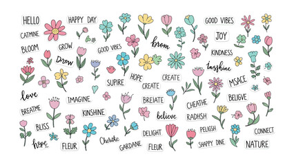 Blooming Inspirations: An artful assortment of delicate flowers and uplifting words gracefully combines, evoking an atmosphere of creativity and positivity. 