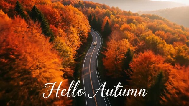 White car drives down winding road surrounded by vibrant orange and red autumnal forest, with "Hello Autumn" text.