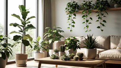 Interior design featuring various houseplants, potted succulents, and vining plants in a bright modern living room with natural light.