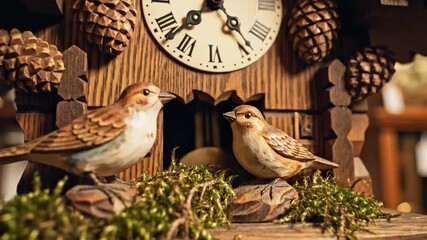 Two birds perched on a wooden cuckoo clock surrounded by pine cones and foliage, serene scene from a close-up view - Powered by Adobe