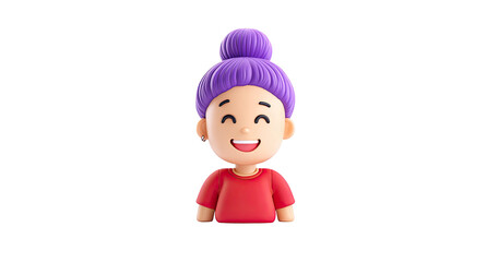Fototapeta premium 3D Cartoon Character of Happy Young Woman with Purple Hair Wearing Red Shirt Isolated on Transparent Background