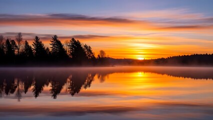Obraz premium Sunset over lake with vibrant sky misty reflections and silhouetted conifer trees in peaceful atmosphere