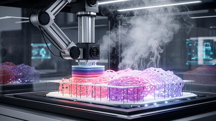 Robotic Arm 3D Printing Complex Organic Structures in Neon Pink and Purple. Futuristic Additive Manufacturing Technology.