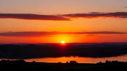 Obraz premium Sunset over lake with vivid orange sky glowing reflections and silhouetted hills and trees in tranquil scene