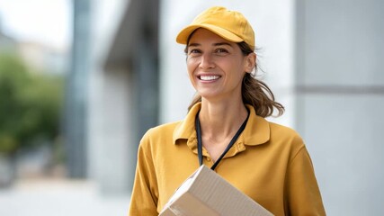 Happy delivery woman in a yellow uniform holding a cardboard box and smiling while walking outdoors on a city street, representing a reliable and friendly shipping and courier service