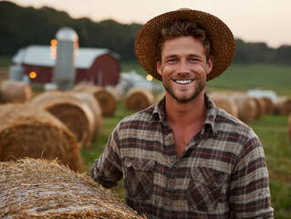 Smiling farmer in straw hat and plaid shirt with hay bales and barn in background