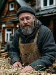 Bearded man in beanie and overalls working with hay in front of a rustic wooden cabin