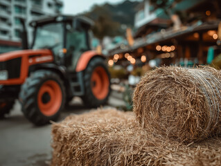 Tractor and hay bales in front of a rustic building with bokeh lights