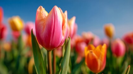 Obraz premium Panoramic landscape of blooming tulips field illuminated in spring by the sun, flowers close-up panorama