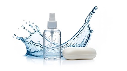 Vital hygiene tools clear spray bottle of hand sanitizer, white soap bar, and refreshing water splashes, emphasizing cleanliness and health safety practices
