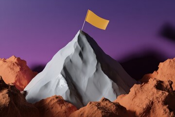 Mountain peak with yellow flag, achievement symbol, 3D illustration with copy space