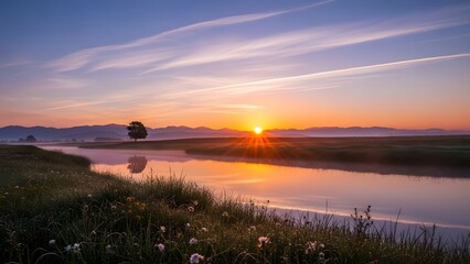 Sunrise over river with golden sky dewy grass wildflowers and misty mountains in peaceful morning scene
