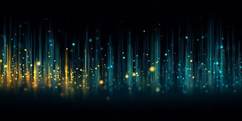 Brilliant digital light beams illuminate an abstract, dark background with shimmering particles