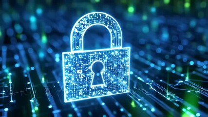 A glowing padlock illustration composed of circuit lines, set against a blurred circuit board background - Powered by Adobe