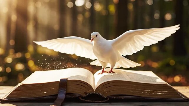Dove Landing on Bible - Symbol of Peace and Faith.