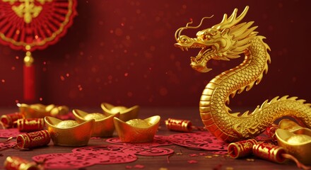 Fototapeta premium Celebrating lunar new year with golden dragon decor home festive scene indoor