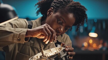 A man working on a complex device with precision and focus in a dimly lit workshop environment