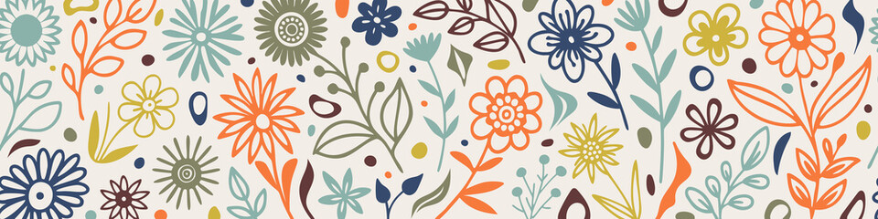 Seamless border of flowers and leaves, hand drawn plant elements, vector design